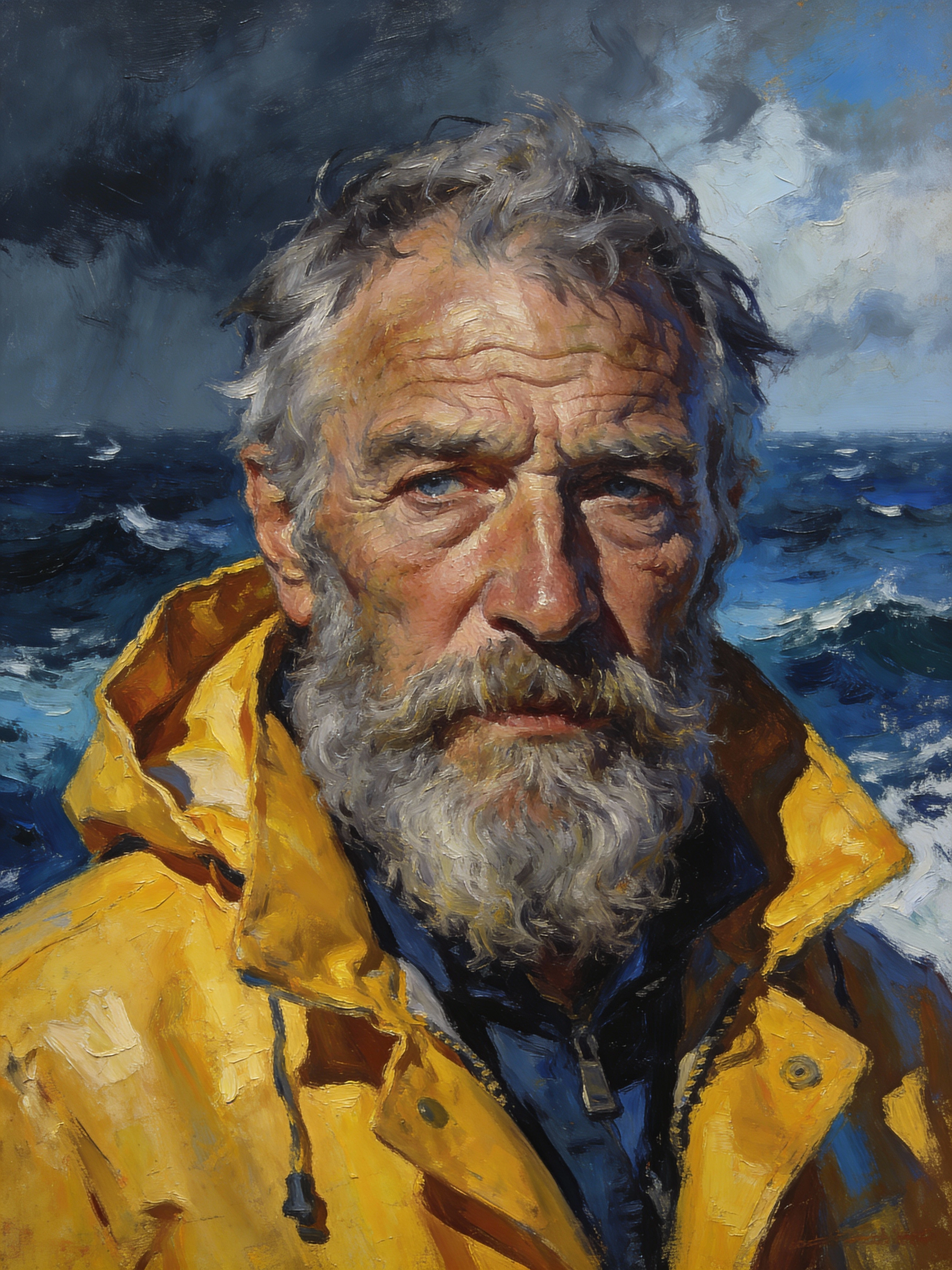 Viejo capitán de mar barbudo con impermeable amarillo – pintura de retrato