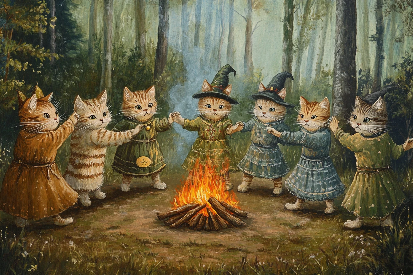 Verspielte Hexenkatzen tanzen um ein Waldfeuer
