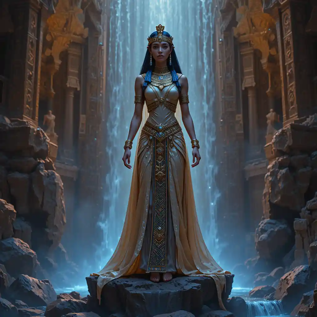 Ancient Egyptian queen standing on a glowing waterfall