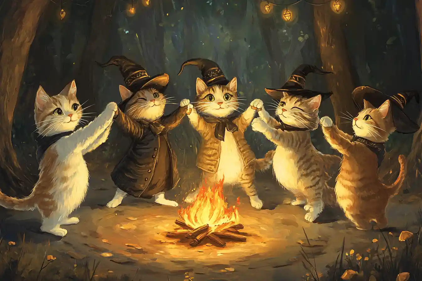 Playful witch cats dancing in a forest firelight circle