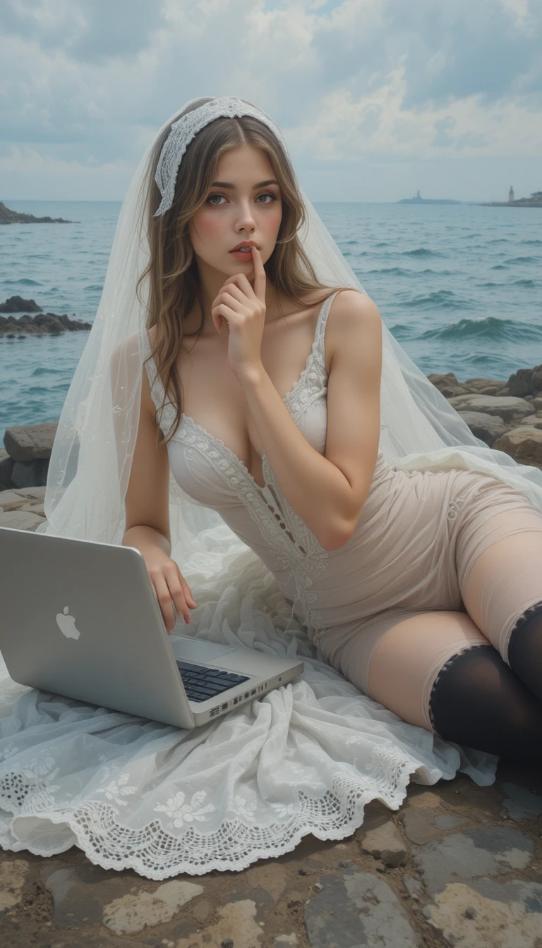 Young woman in wedding dress by the sea with laptop