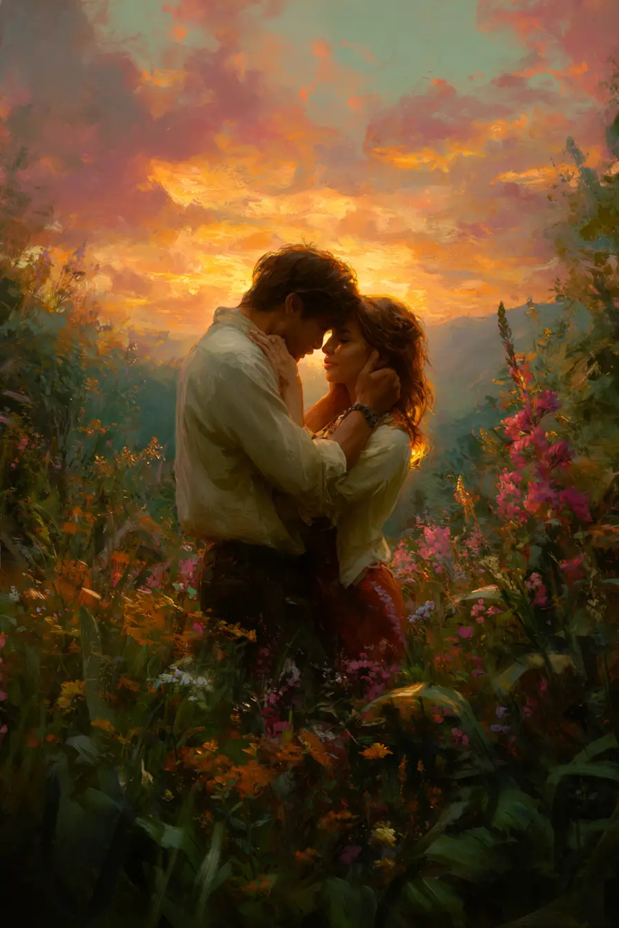 Romantic couple embracing in a sunset wildflower meadow