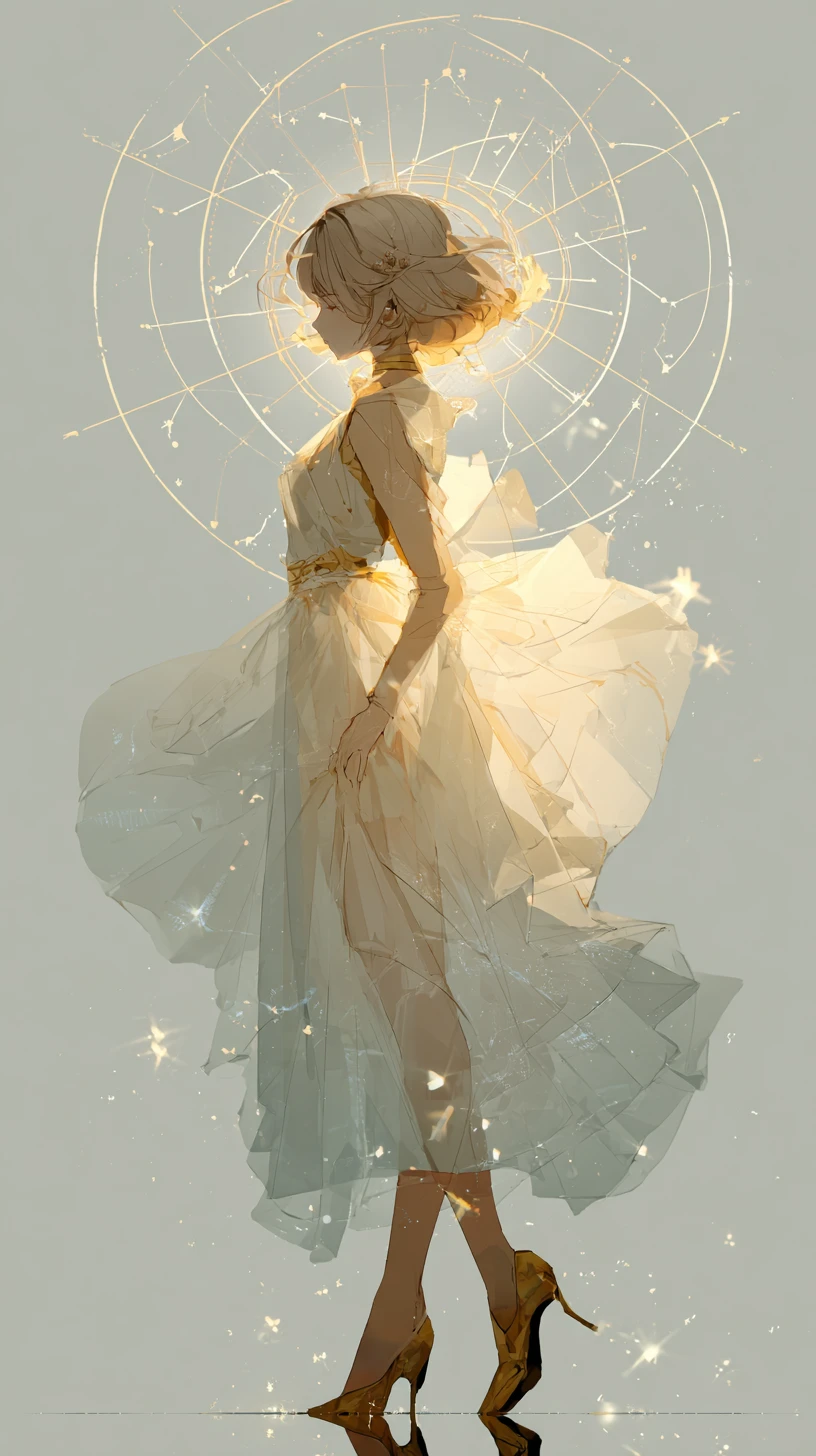 Anime celestial maiden with glowing astrolabe halo
