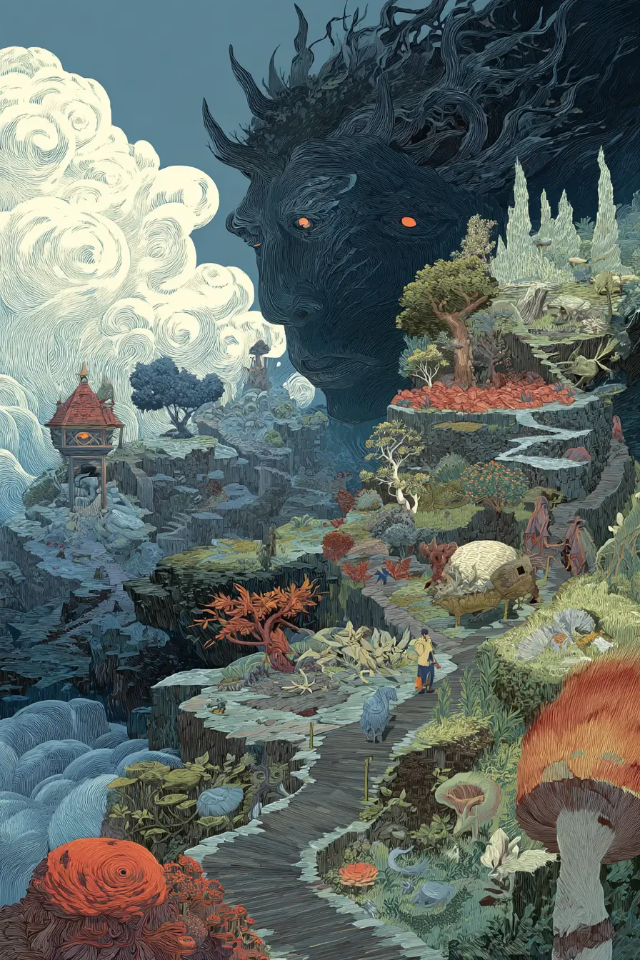 Surreal underworld realm of dreamlike mythical creatures
