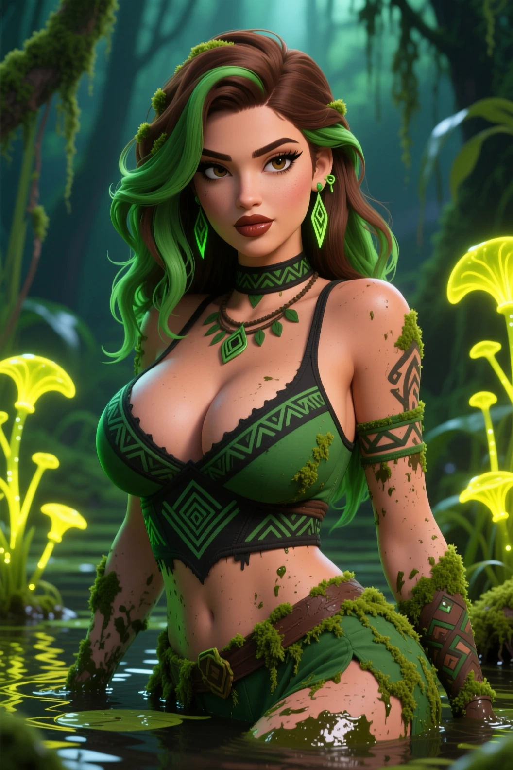 Donna formosa fantasy in una palude con piante luminose