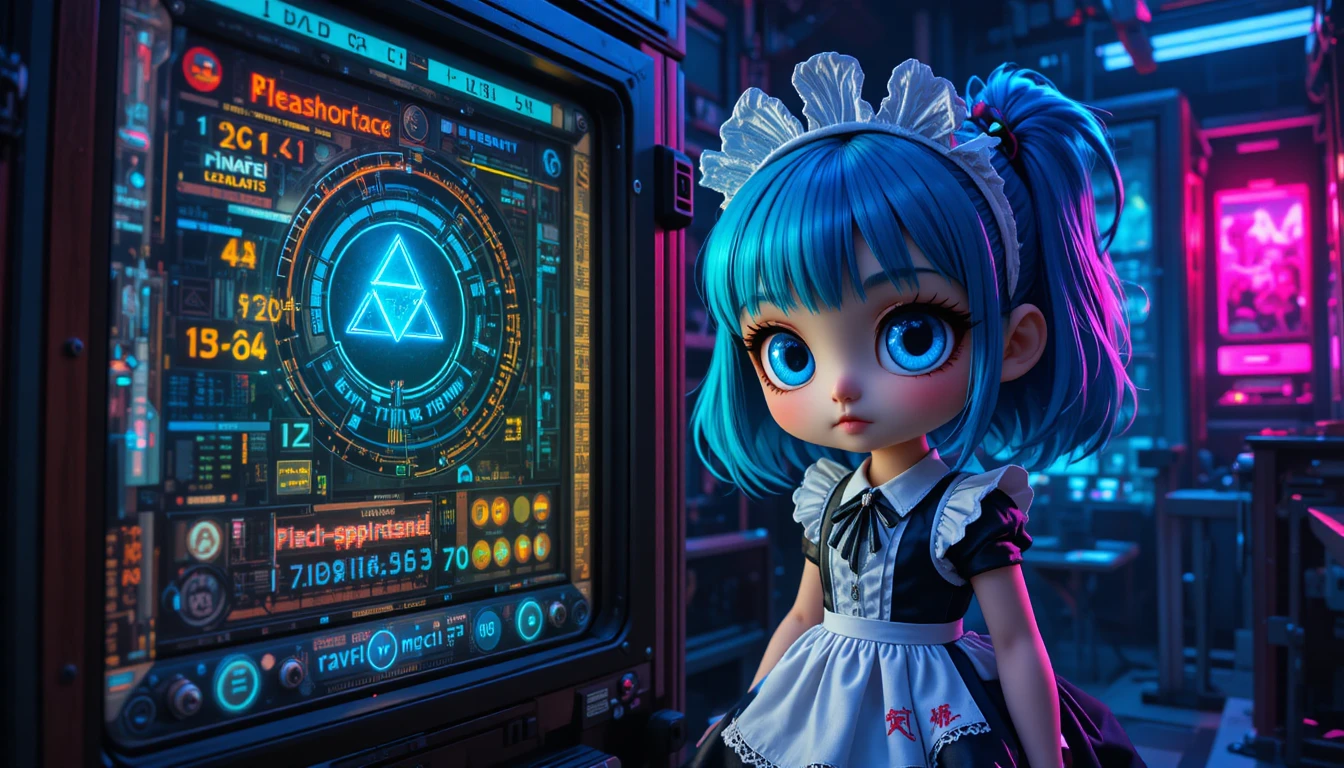 Anime loli maid beside a vintage glowing computer mainframe