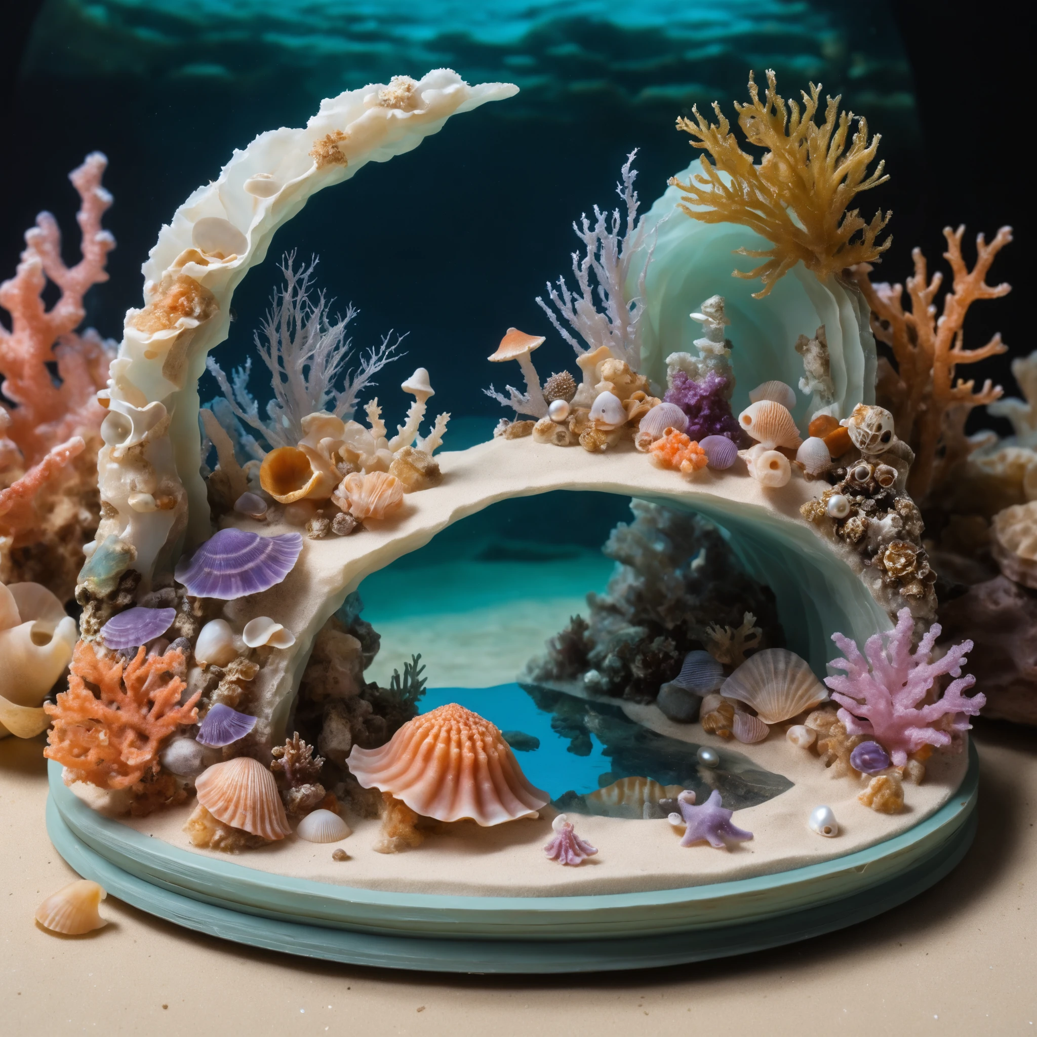 Miniature coral reef diorama with cute cartoon sea creatures