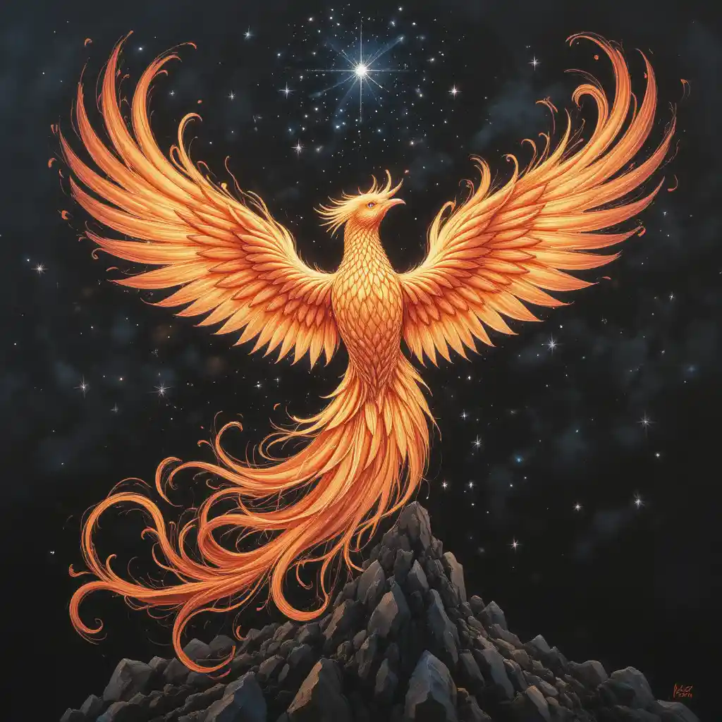 Fiery phoenix rising against a vast starry night sky