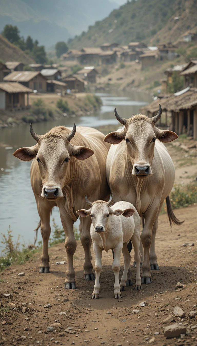 Tired cows and calf resting by a quiet riverside village