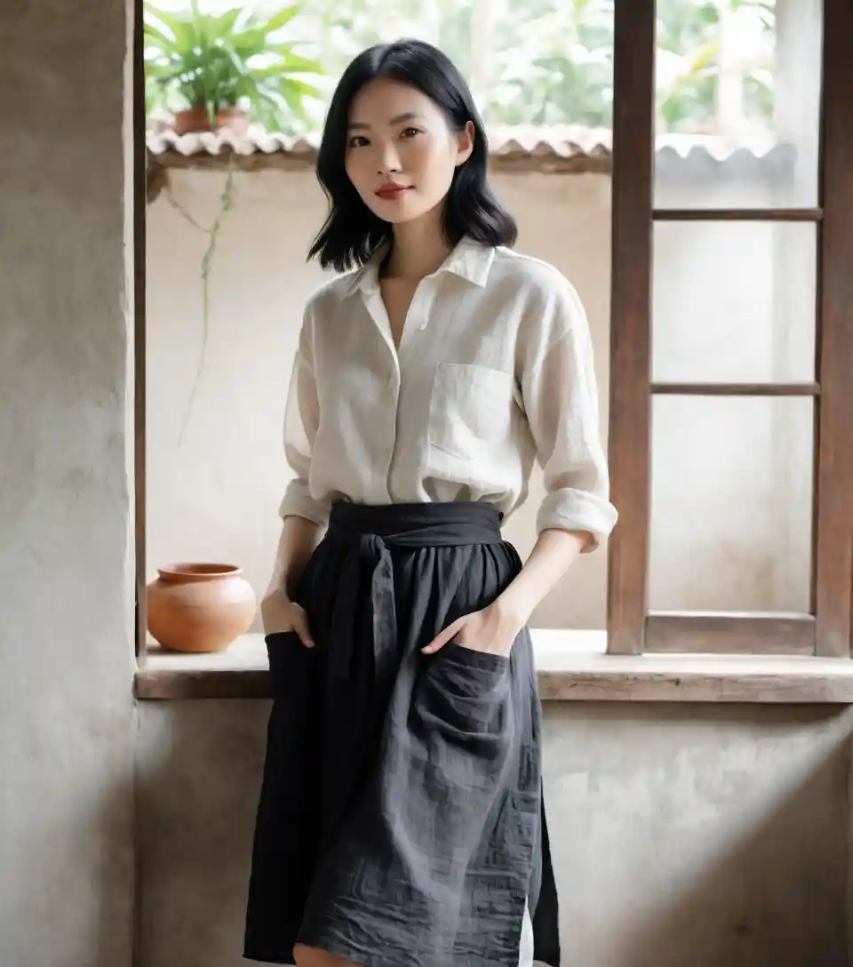 Femme vietnamienne en tenue de lin dans une maison en terre minimaliste
