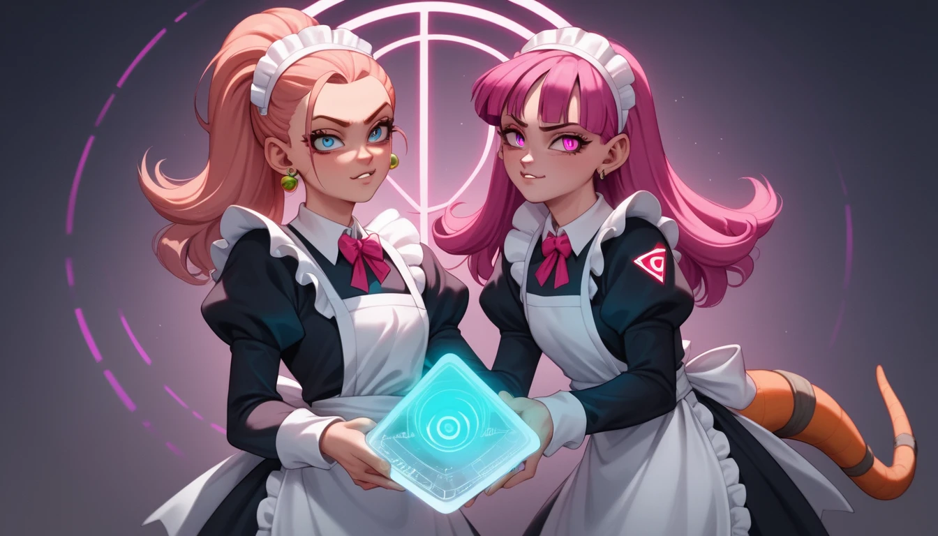 Anime loli maid beside vintage computer with glowing data