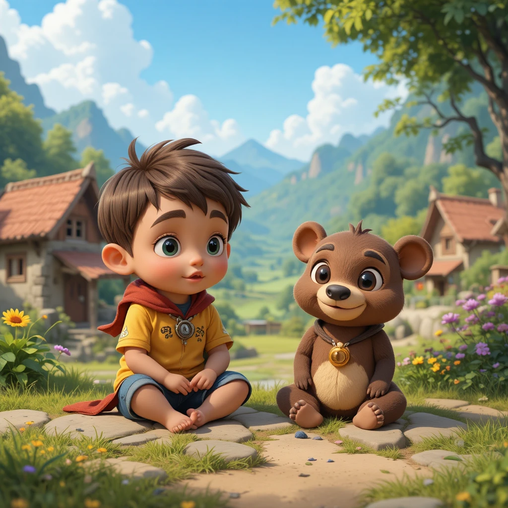 Niño pequeño y oso sentado en un pueblo tranquilo