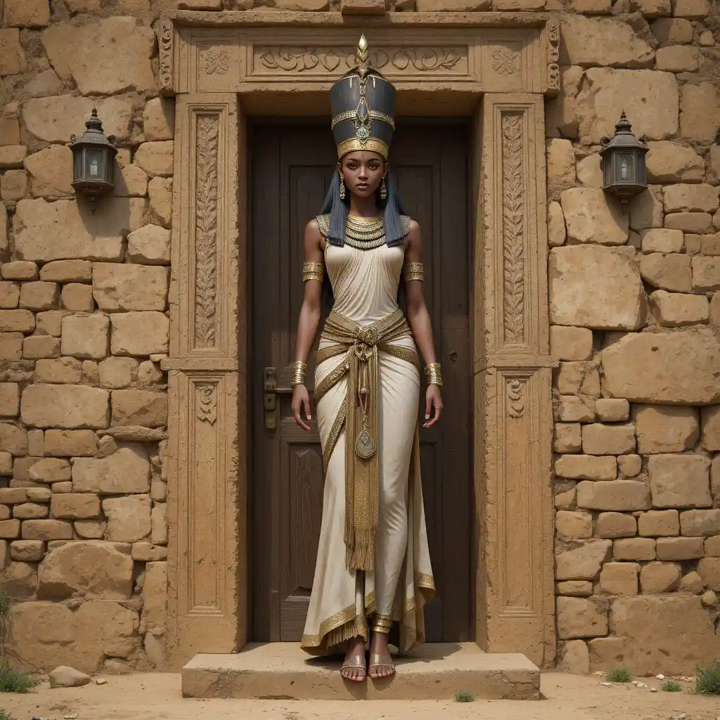 Ancient Egyptian queen standing on a rustic mud brick rooftop