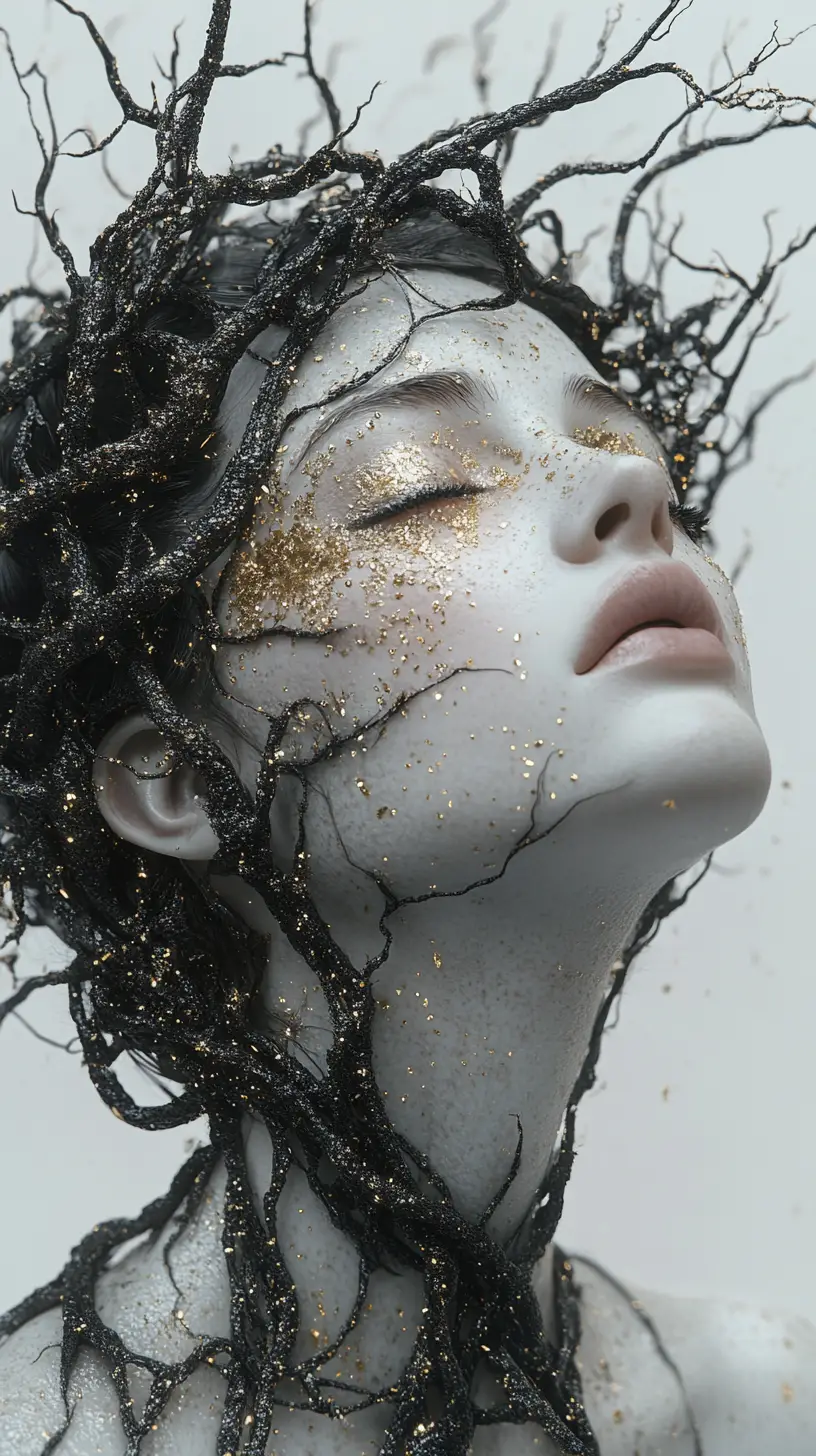 Surreal woman in profile crowned with branches and gold