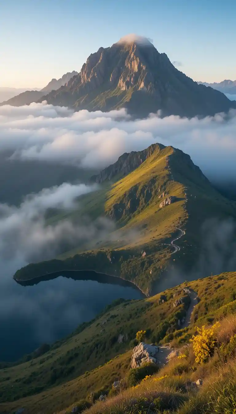 Misty mountain peak reflected in a tranquil sunrise lake