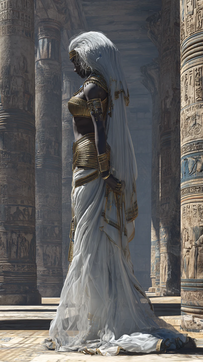 Tall silver skinned woman in egyptian gold in ancient temple