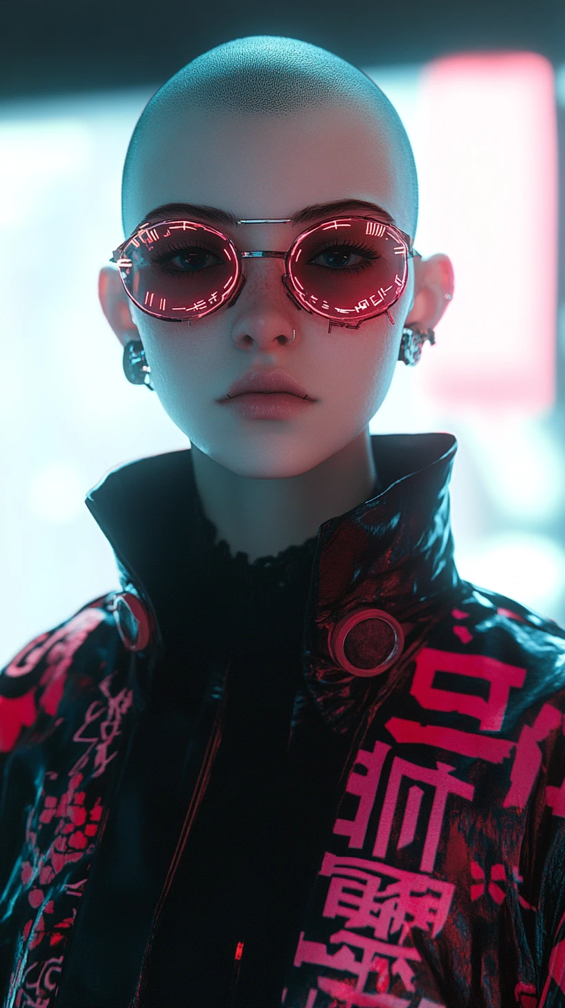 Androgynous cyberpunk hacker portrait with bold neon graphics