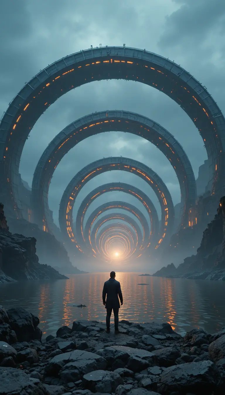 Lone figure facing colossal glowing sci fi ring structures
