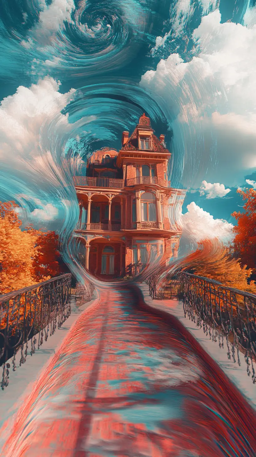 Surreal dreamlike house twisting through an impossible realm