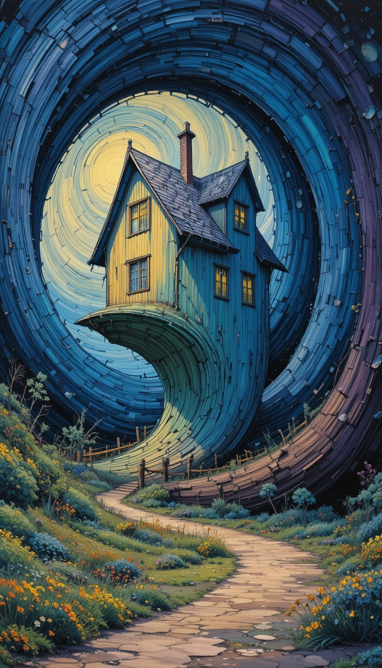 Surreal house twisting through a looping dreamlike realm