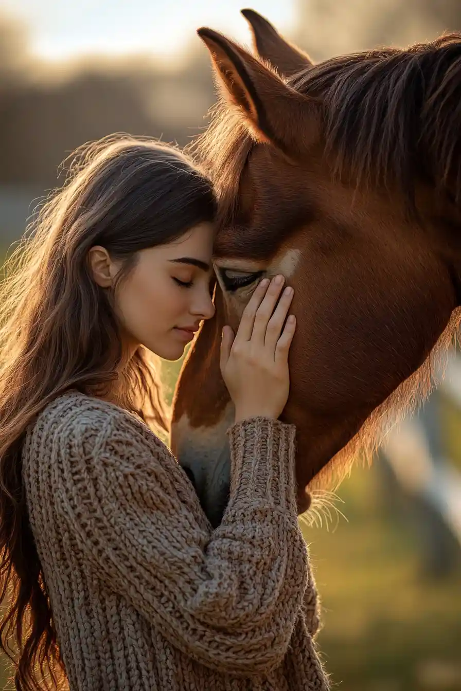 Young woman touching a horse at sunset in a field