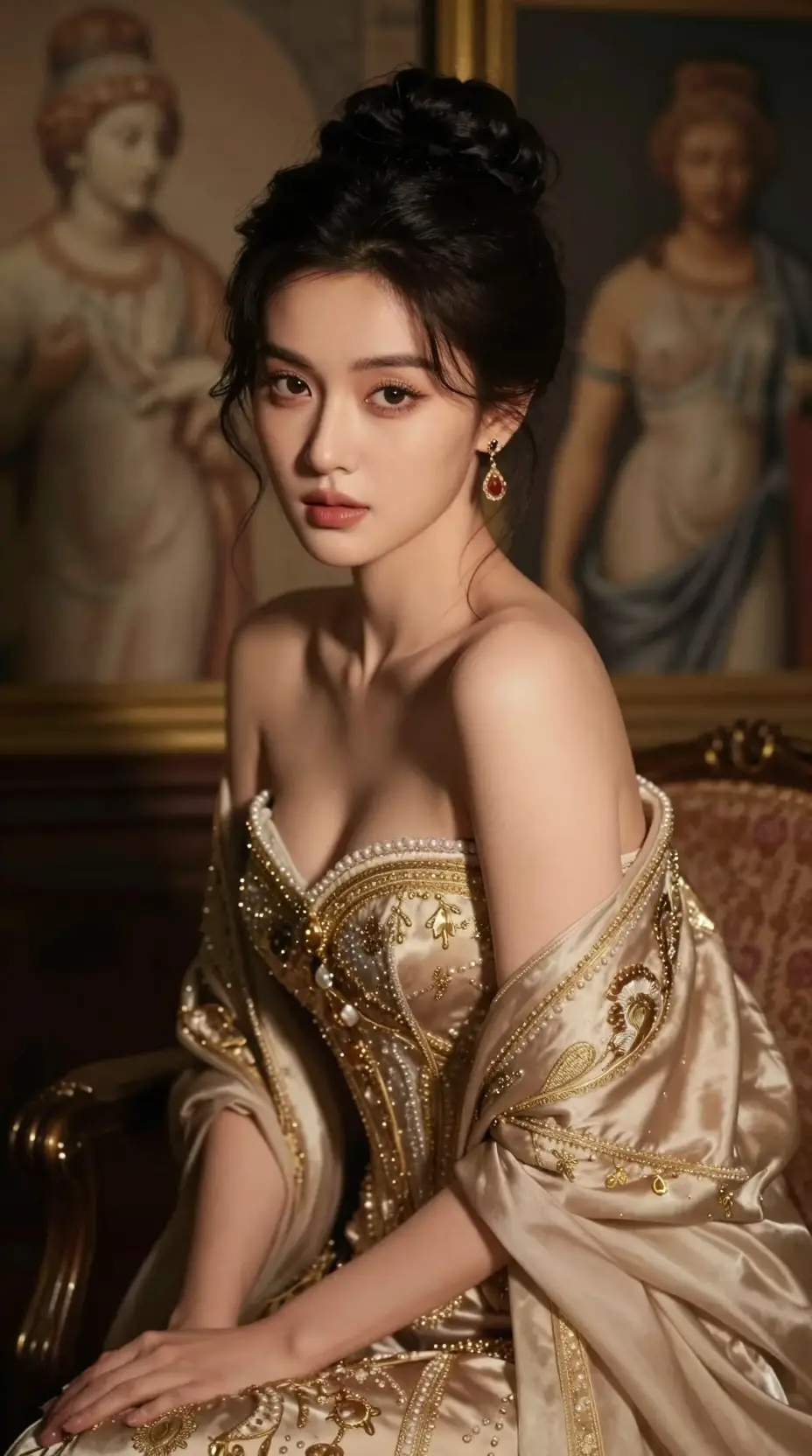 Retrato de mujer elegante con lujoso vestuario y mirada lateral