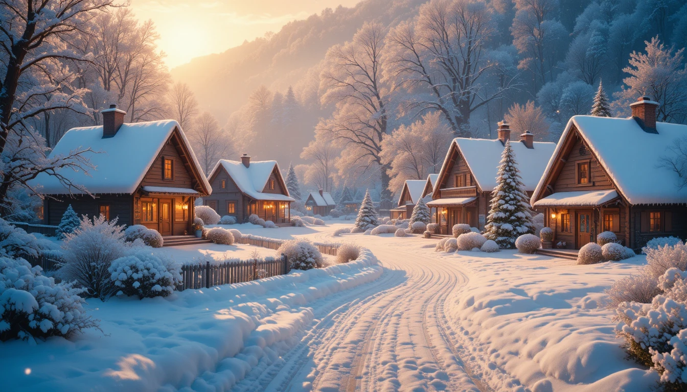 Casitas de pueblo cubiertas de nieve brillando con luces festivas