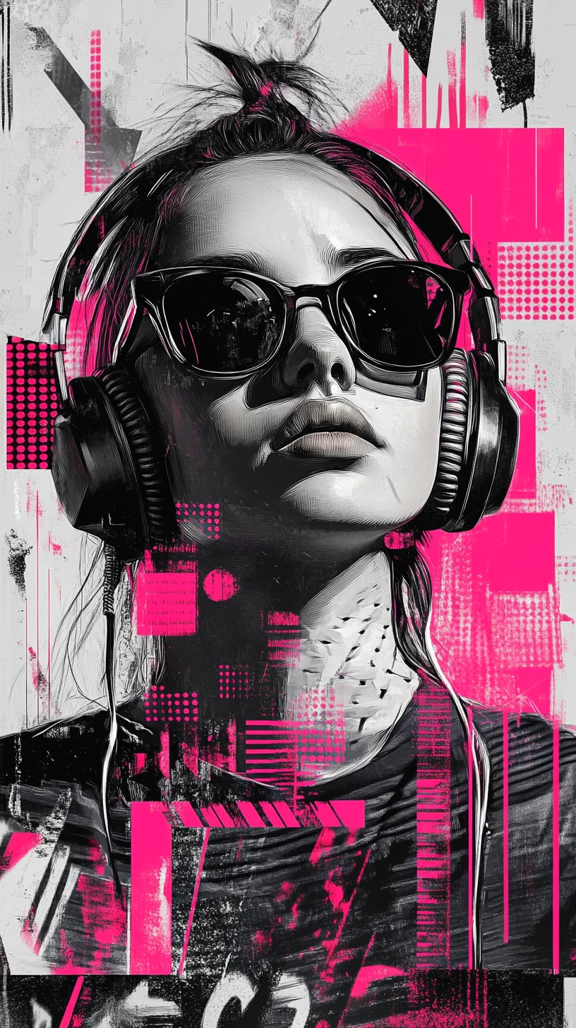 Cool girl portrait with headphones in bold pop art style