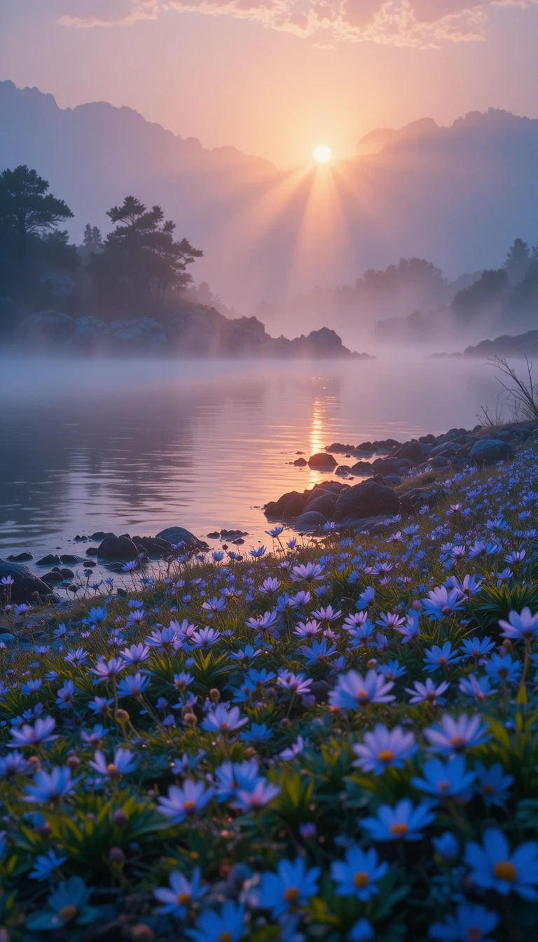 溫暖朦朧夕陽下的岩岸湖畔花朵