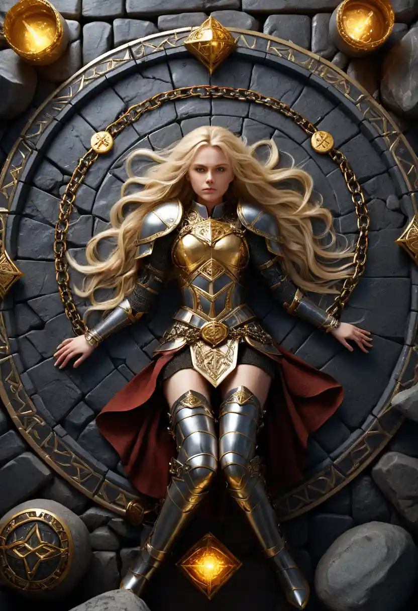 Blonde warrior woman bound on glowing rune stone circle