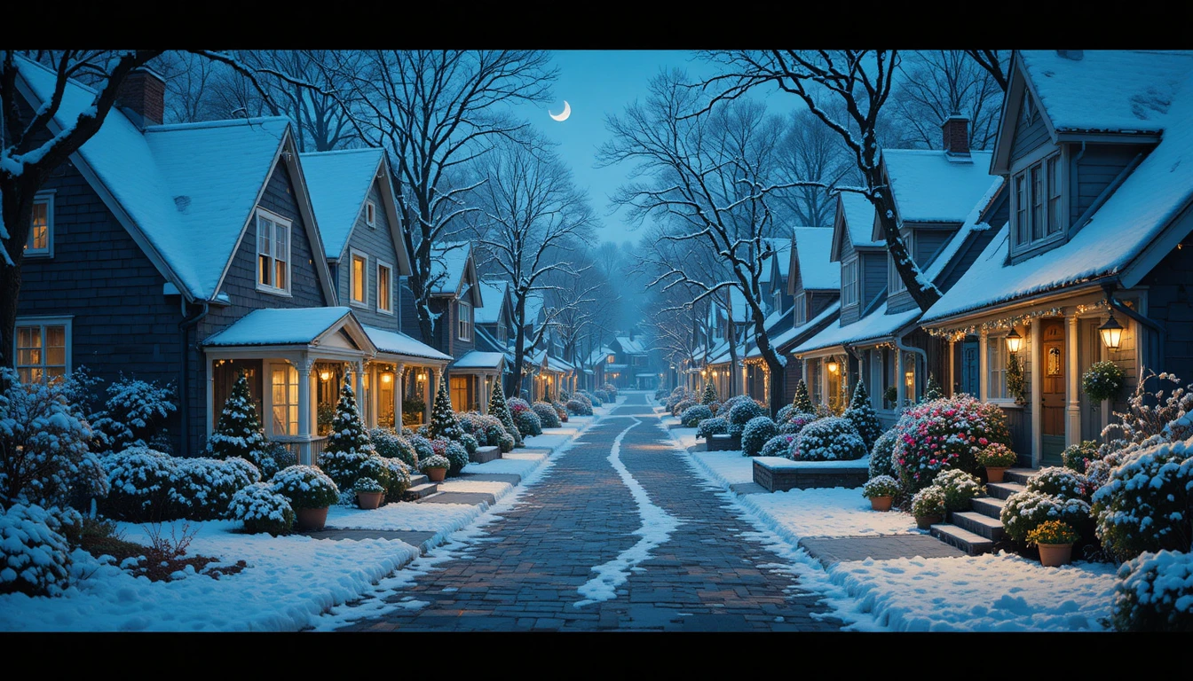 Acogedora calle de un pueblo invernal iluminada con luces festivas