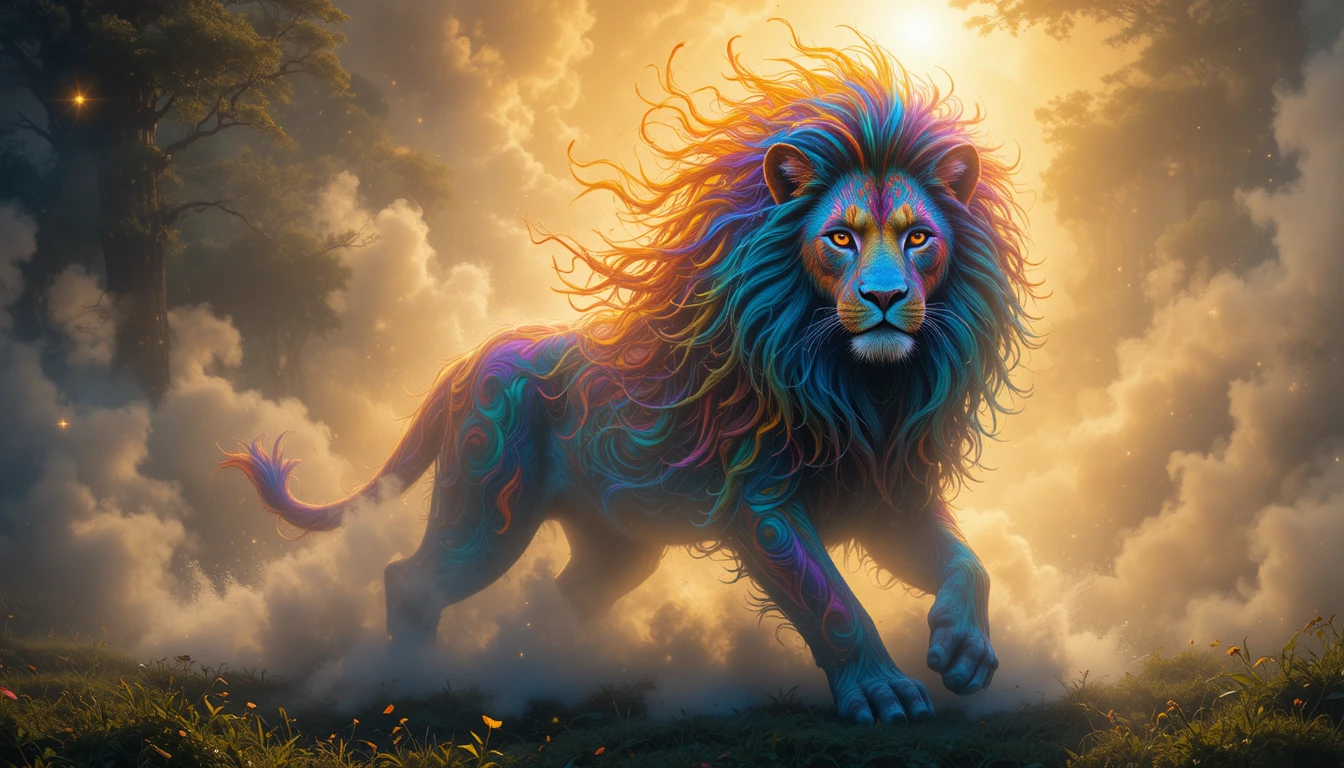 Majestuoso león multicolor que emerge de la niebla resplandeciente