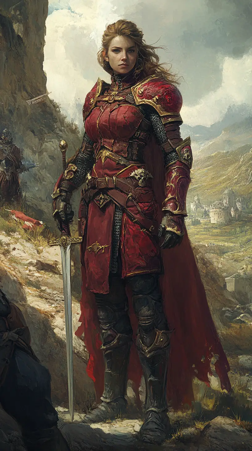 Guerriera in armatura rossa in un paesaggio fantasy medievale