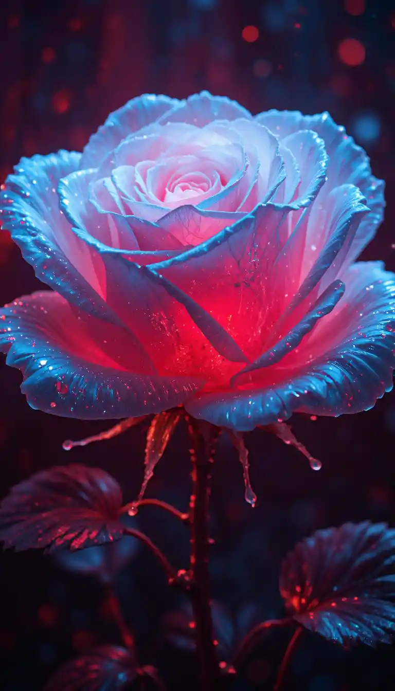 Glowing white rose with red light in dark abstract background