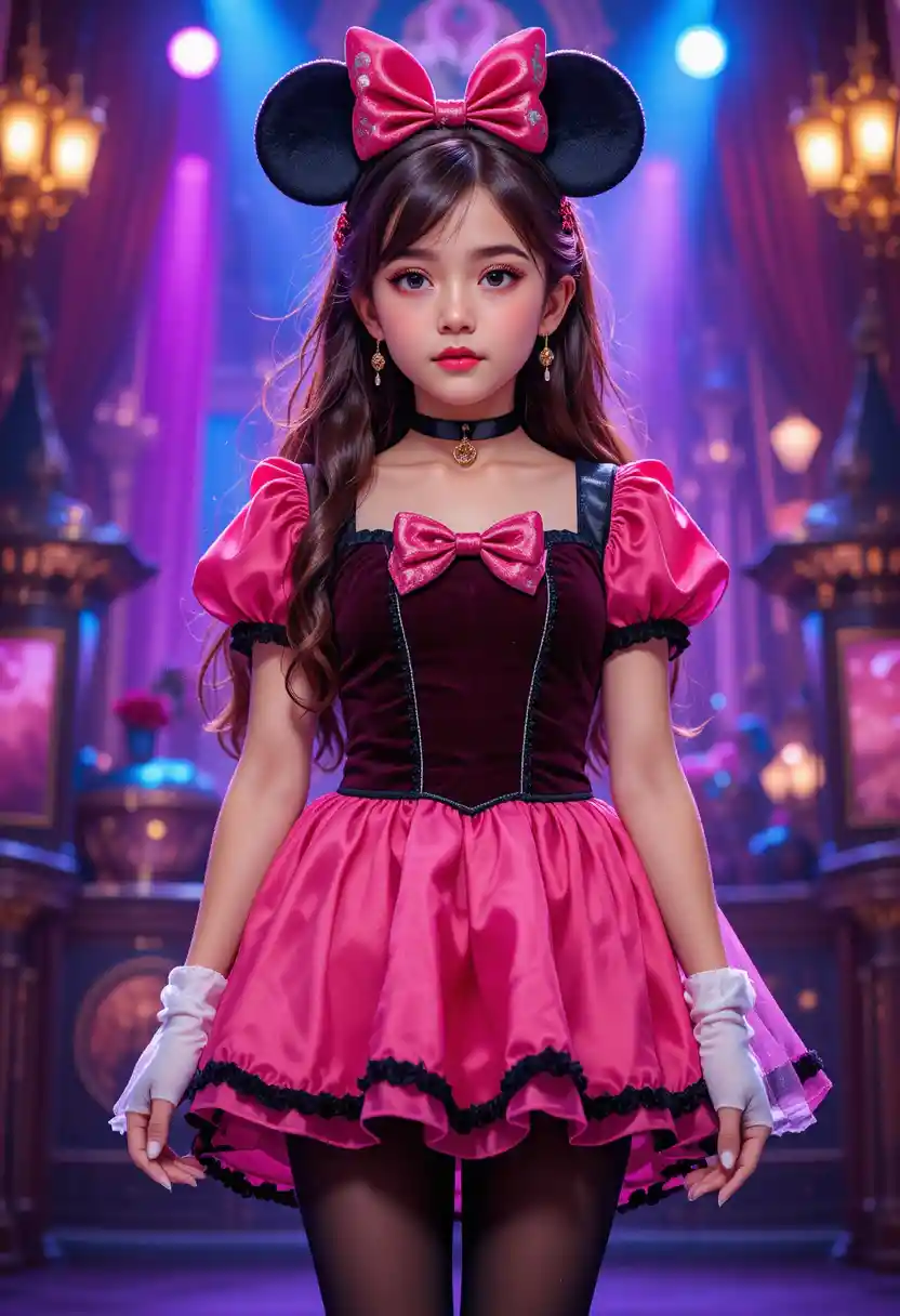 Nervous tween boy in pink Minnie dress on stage