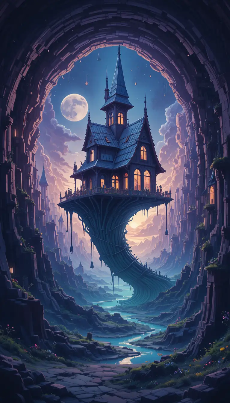 Surreal twisted house in a looping dreamlike realm
