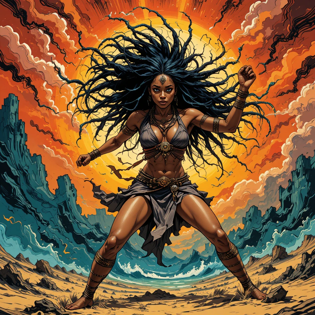 Ancient warrior woman with long dreadlocks under stormy skies