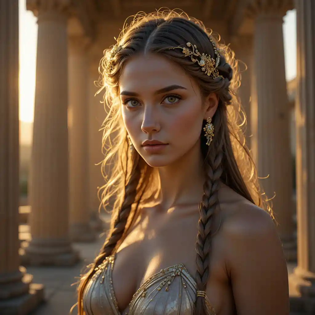 Aphrodite in a tranquil ancient temple at golden hour