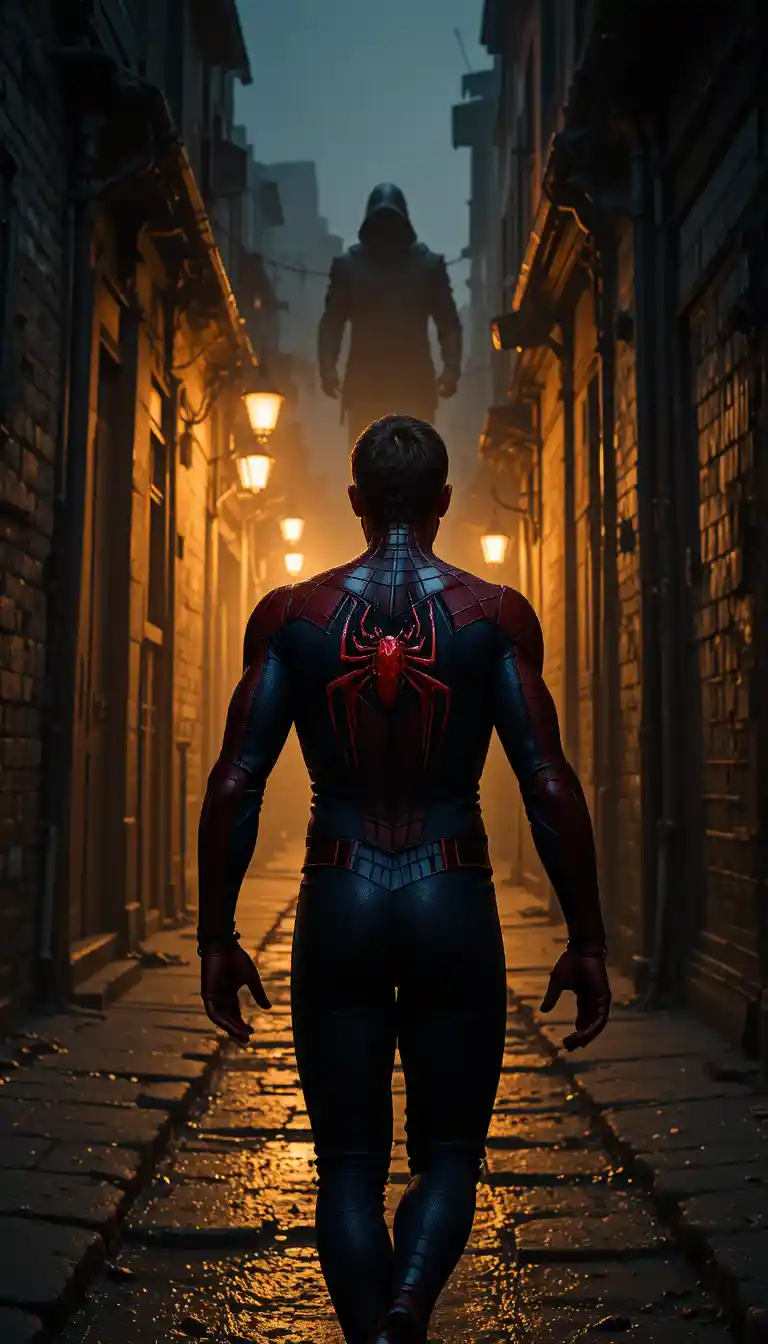 Superhero Turning Toward Shadowy Villain In Dark Alley