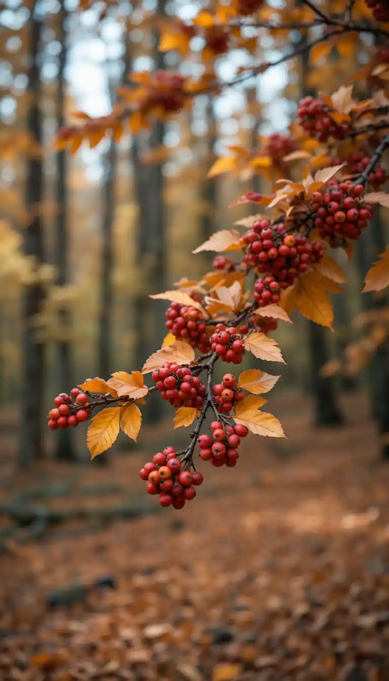 Autumn tree branch with red berries and yellow leaves