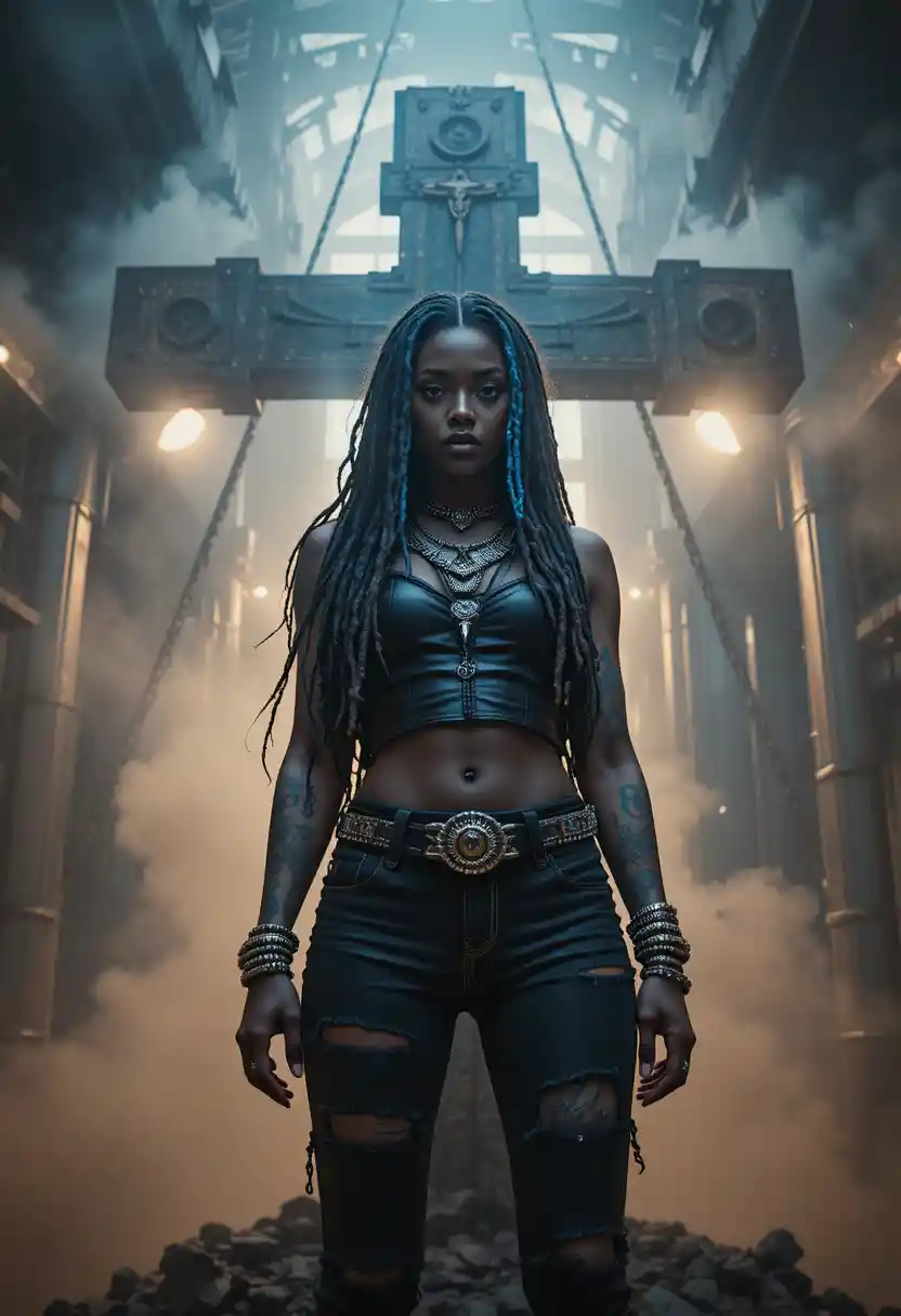 Mulher Negra tatuada com dreadlocks diante de cruz industrial