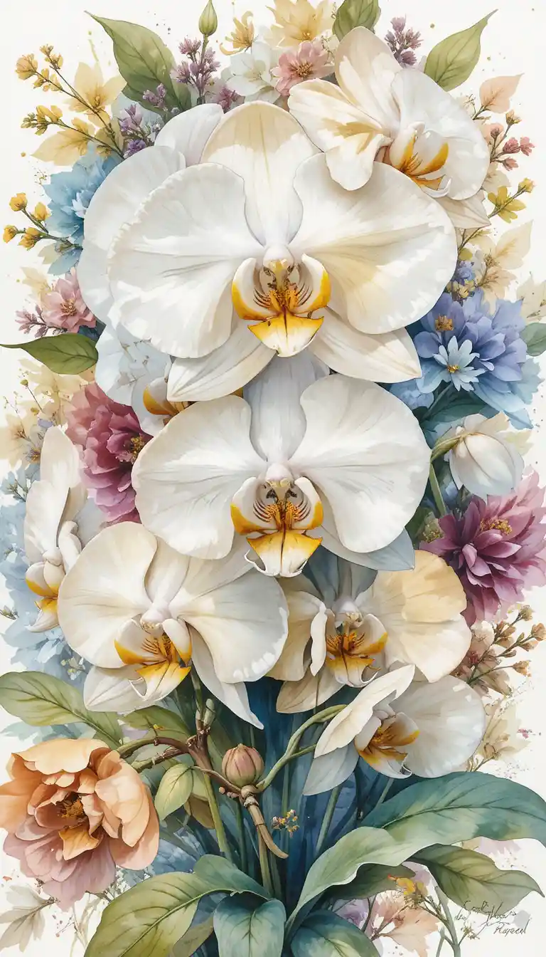Volantino con illustrazione vettoriale di composizione floreale con orchidee bianche