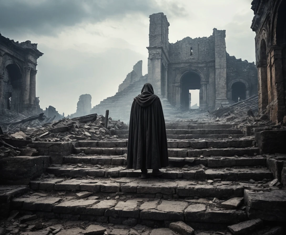 Lone cloaked man on ruined stone steps before ancient ruins