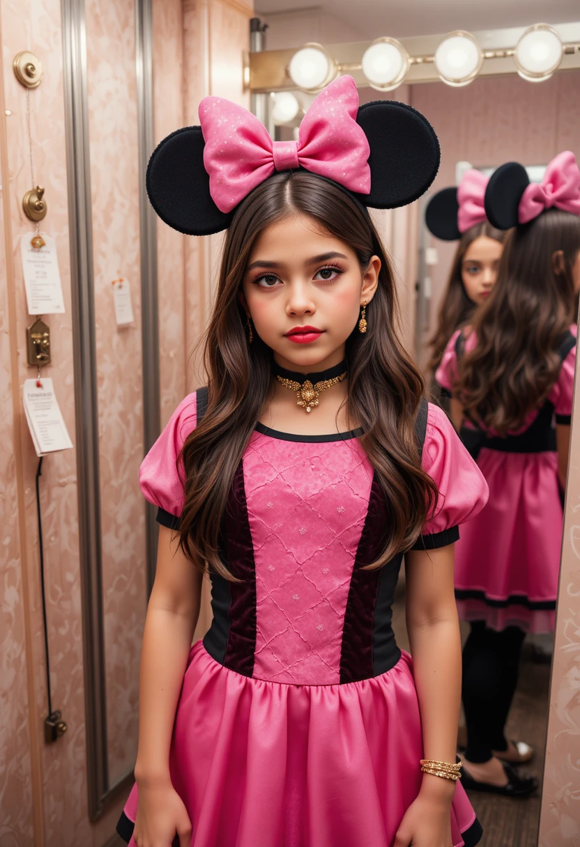Niño joven con vestido rosa de Minnie frente al tocador