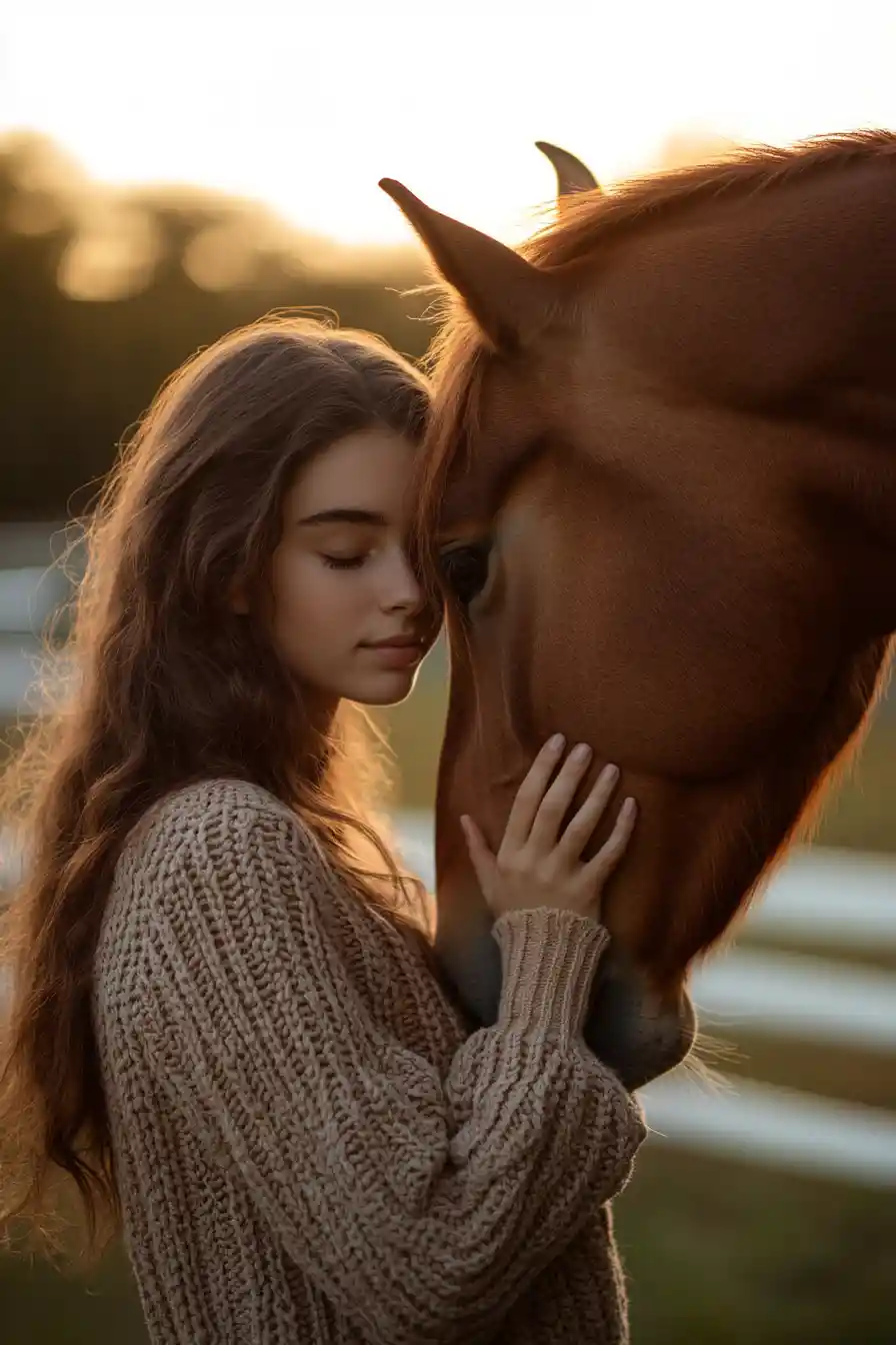 Joven mujer tocando un caballo a la hora dorada en el campo