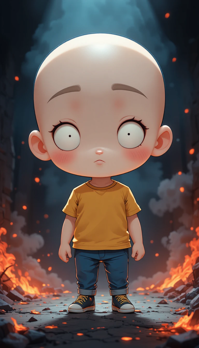 Chibi character in dark smoky scene with glowing embers