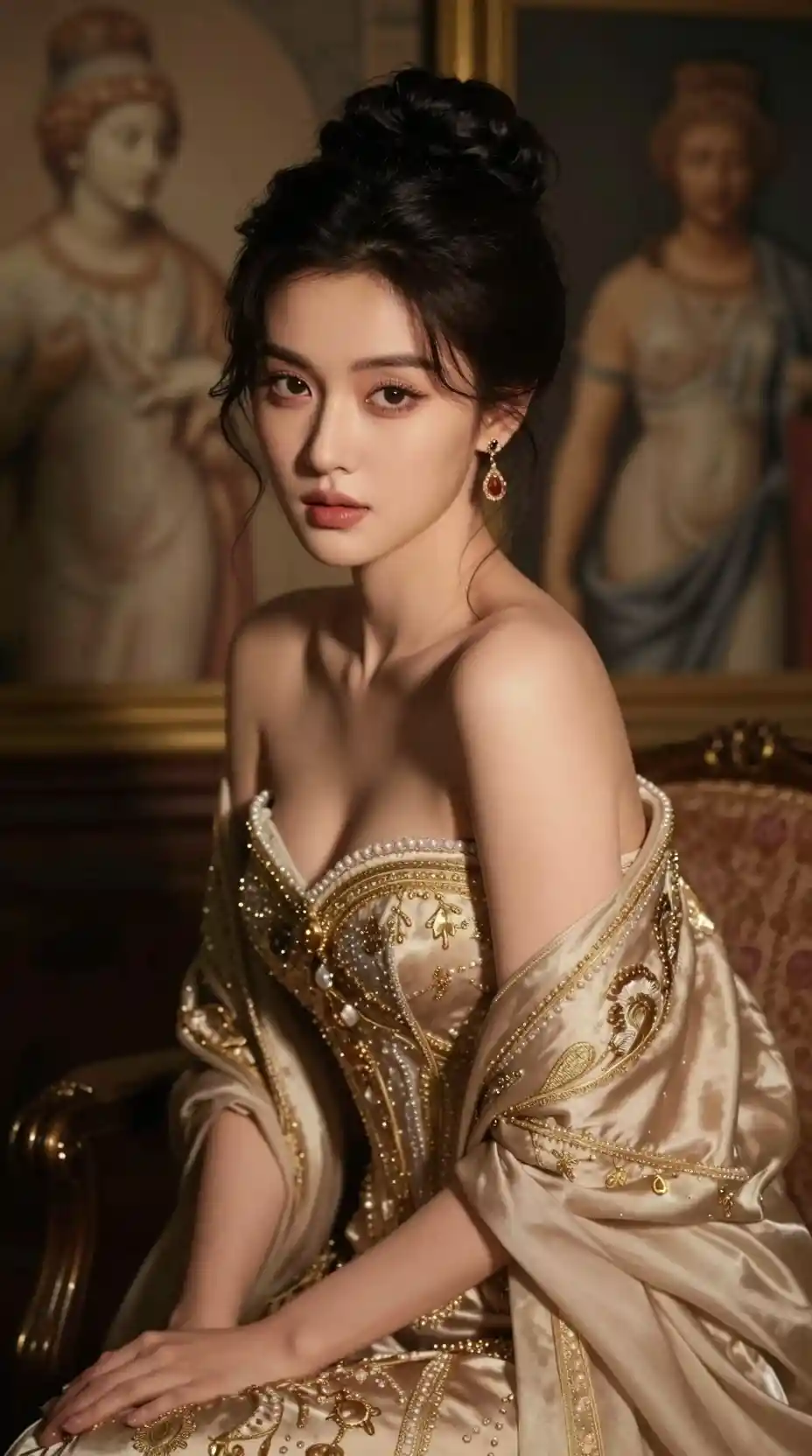 Retrato de mujer elegante con lujoso vestuario y mirada lateral