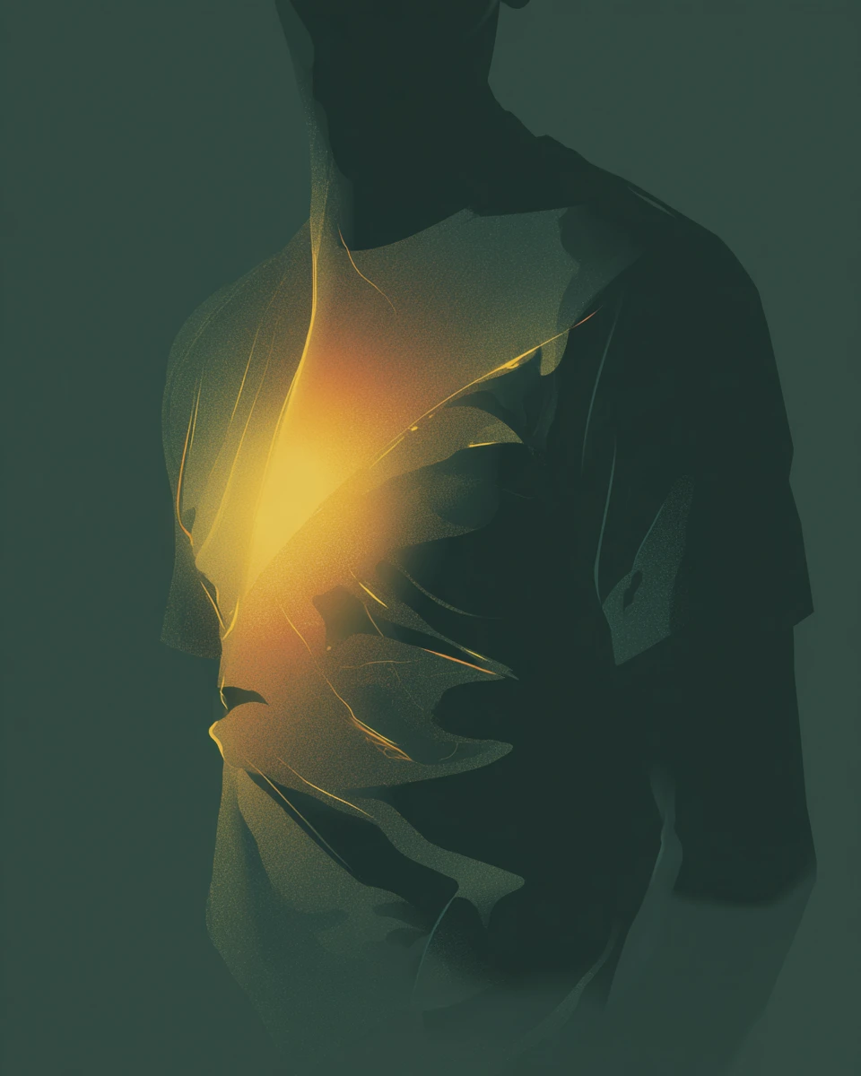 Silueta de torso humano con luz brillante en el pecho