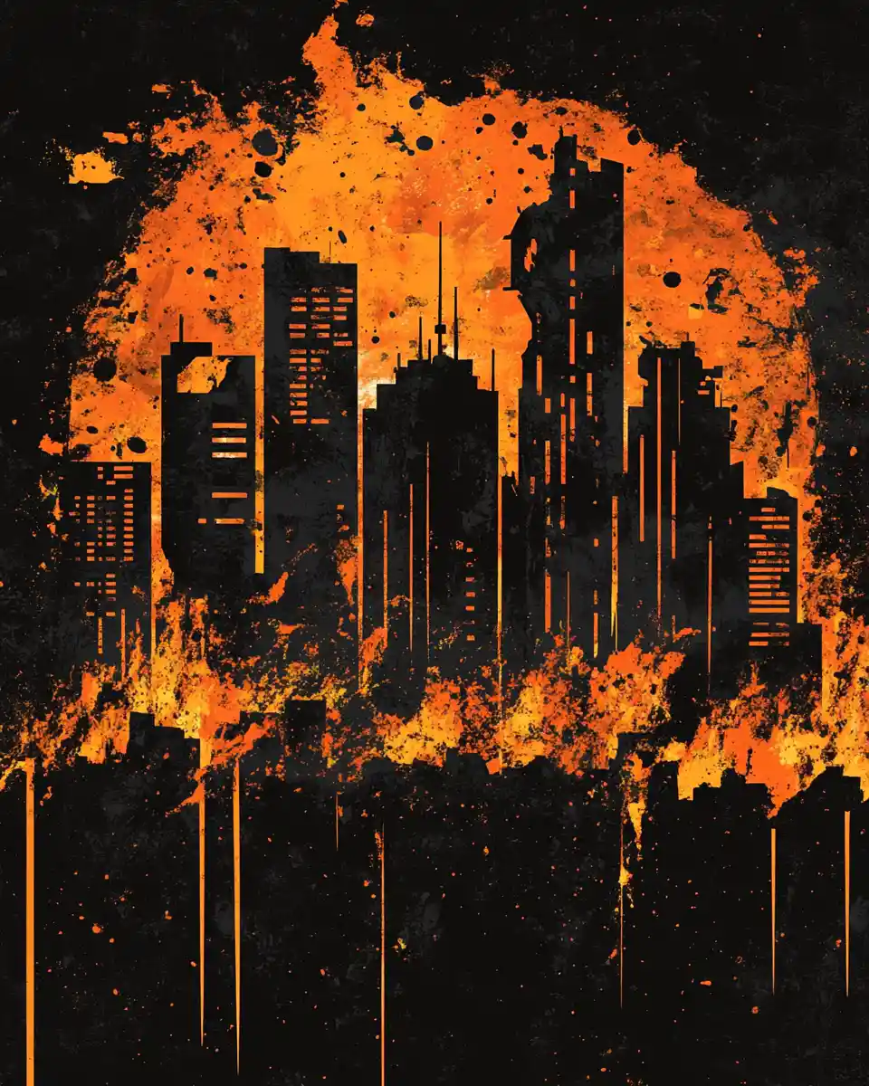 Horizonte urbano en llamas en un caos oscuro ilustrado