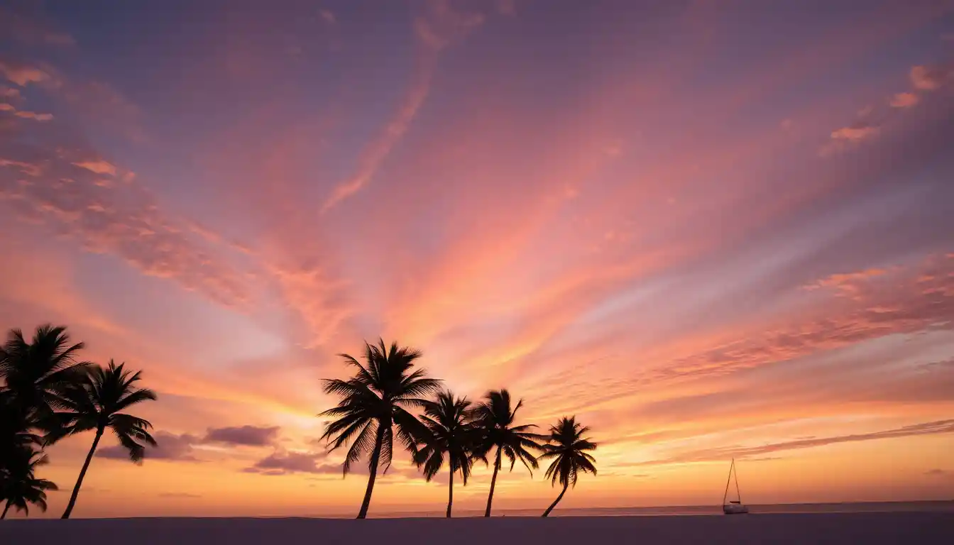 White sand beach at sunset with distant sailboat